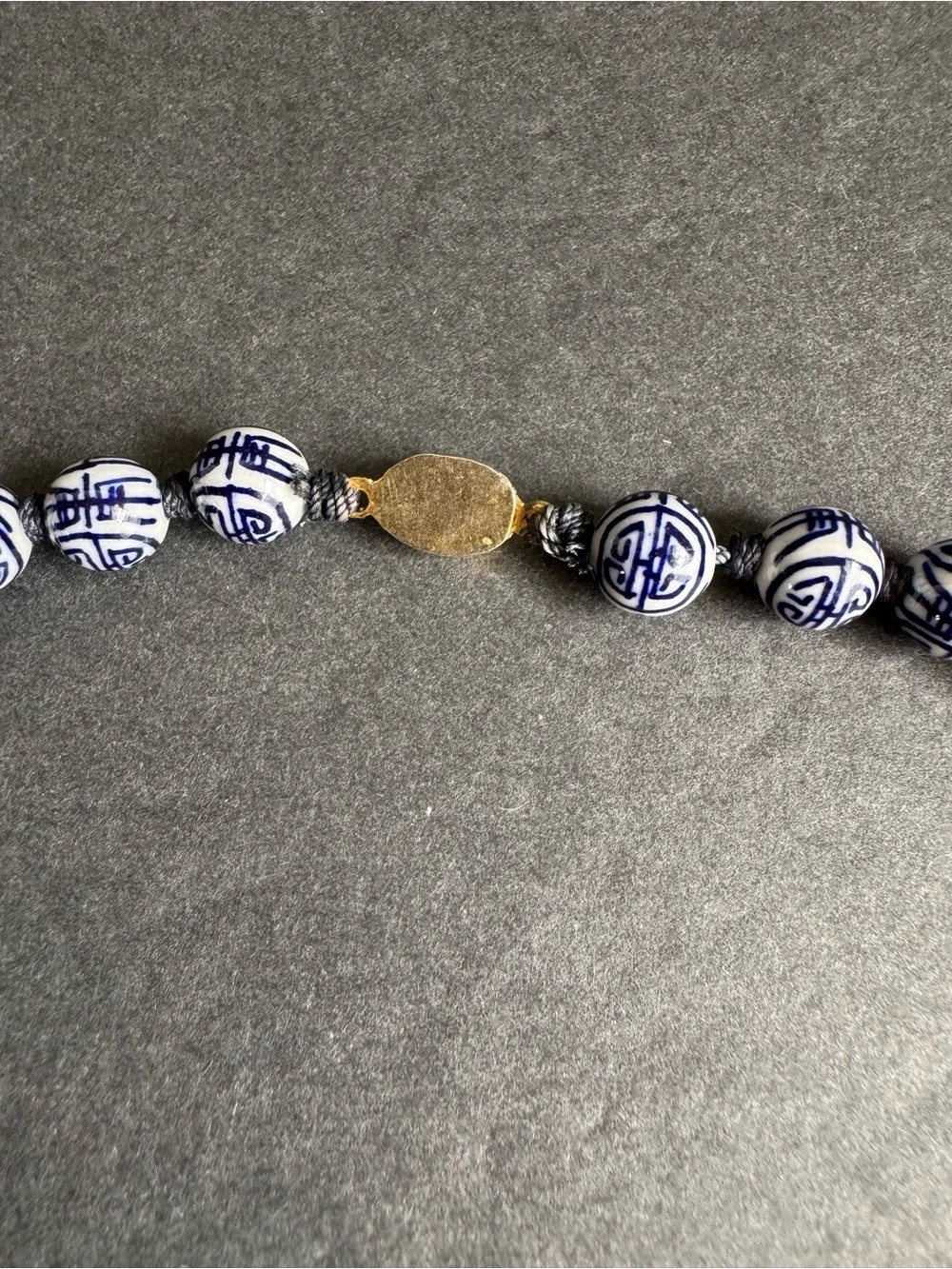 Vintage Chinese Shou Bead Necklace Blue White Porcelain Beaded Longevity 24